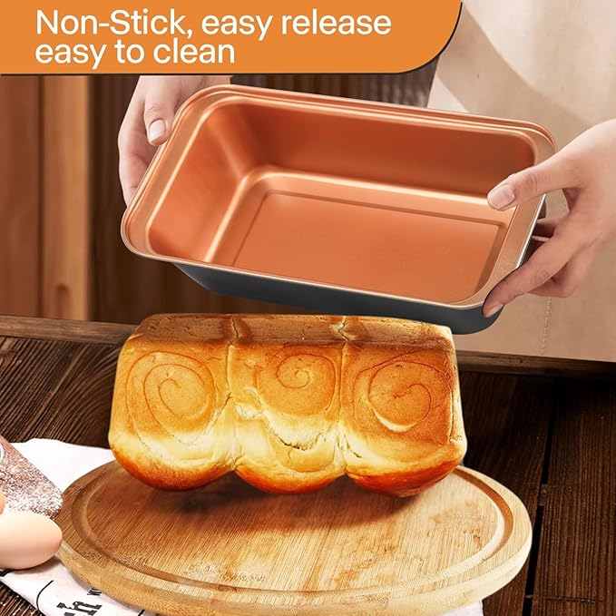 Baking Pans Set 6-Pieces, Non Stick Bakeware Set Stackable, with Cookie Sheet, Muffin, Round/Square Cake Pan, Loaf Pan, Rack, Oven Mitt for Home Baker, Gold