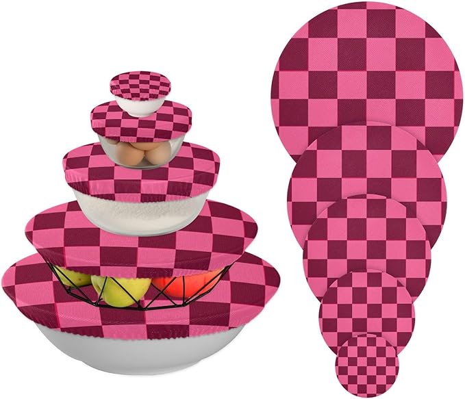 5 Pcs Bowl Covers Reusable in 5 Size Elastic Food Cover Cloth Lids Fresh Keeping Dish Cookware Bakeware Fabric Covers Lids for Food Leftovers Fruits Storage Checkered Hot Pink