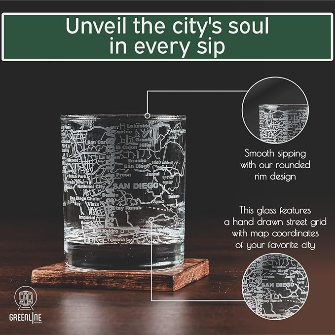 Greenline Goods Whiskey Glasses - 10 oz Tumbler Set for San Diego lovers, Etched with San Diego Map Old Fashioned Rocks Glass - Set of 2