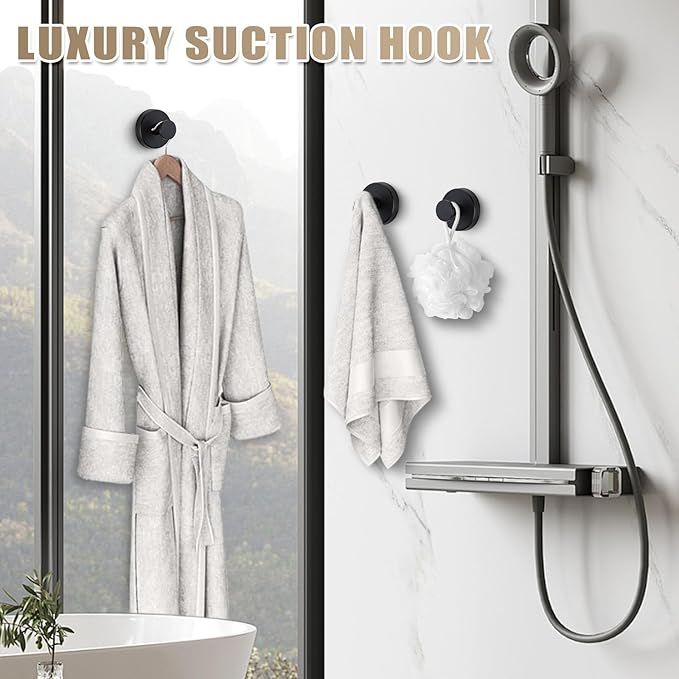 Suction Cup Hooks for Shower No-Drill Bathroom Hooks for Towels, Robes, Loofah Mountable on Bathroom Walls, Kitchen, Glass, Mirrors, Tile and Smooth,Non-Porous Surfaces (4, Matte Black)