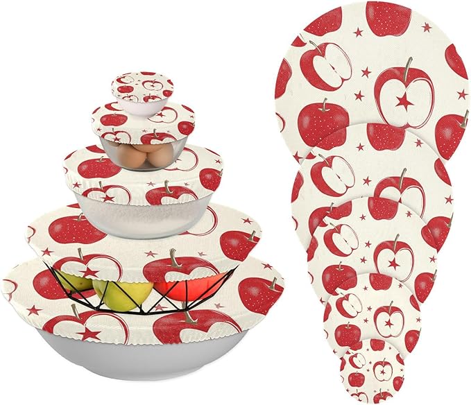 5 Pcs Bowl Covers Reusable in 5 Size Elastic Food Cover Cloth Lids Fresh Keeping Dish Cookware Bakeware Fabric Covers Lids for Food Leftovers Fruits Storage Red Apple Stars