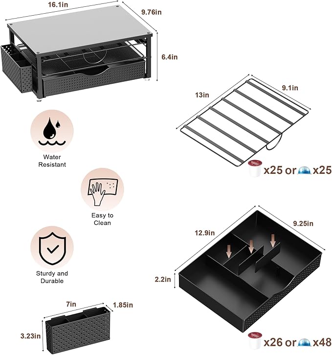 K Cup Holder, Coffee Pod Holder with 2 Tier Sliding Storage Drawer and 1 Hanging Basket for 51 Large or 73 Small Capsule,K Cup Coffee Station Organizer Accessories for Counter,Home,Office,Kitchen