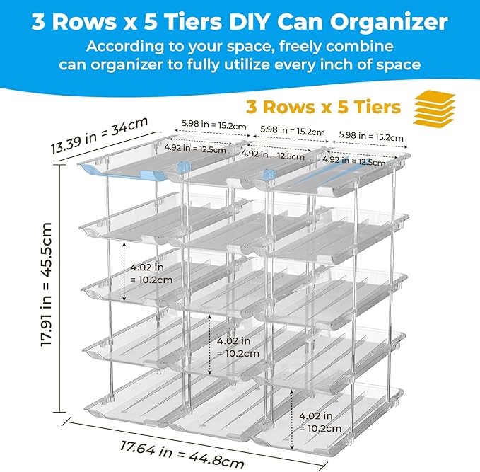 Stackable 5 Tiers Can Organizer Pantry, Canned Food Holder for Fridge Holds 60 Cans, Free Combination & Automatic Rolling, Space Saving Storage for Refrigerator Kitchen Pantry, Clear