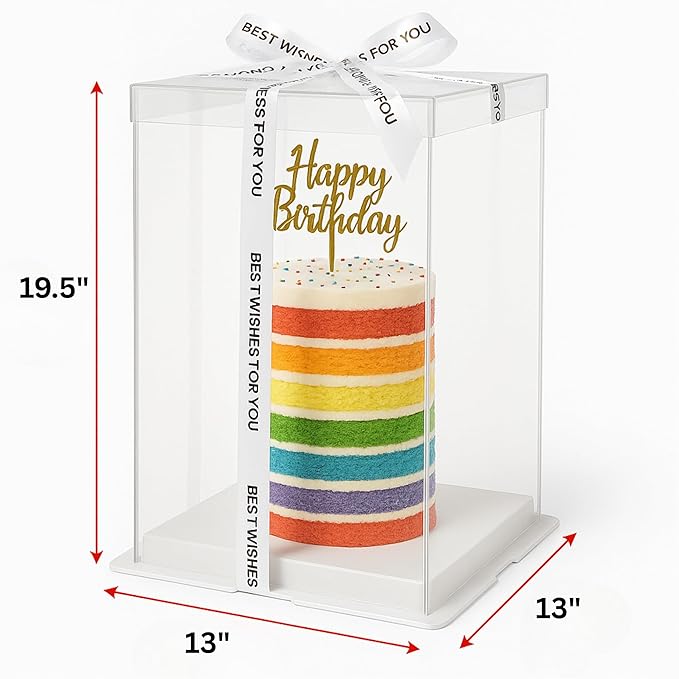 Sweet Degrees Clear Plastic Cake Box 13"x13"x19.5" | Ribbon Included |Tall Square Cake Carrier with Lid | Reusable Display Container for Tiered Cakes | Ideal for Weddings, Events, and Bakeries