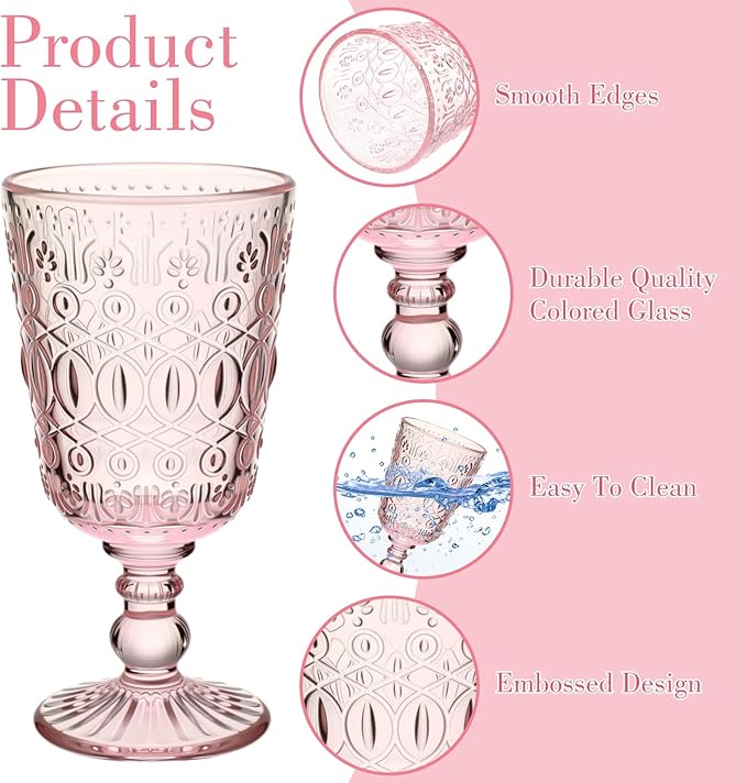 Eaasty Wine Glasses Set of 6 Vintage Goblet 9 oz Vintage Colored Glass Goblet Beverage Stemmed Glass Cups Romantic Embossed Glassware for Wedding Party Holidays Anniversary (Pink)