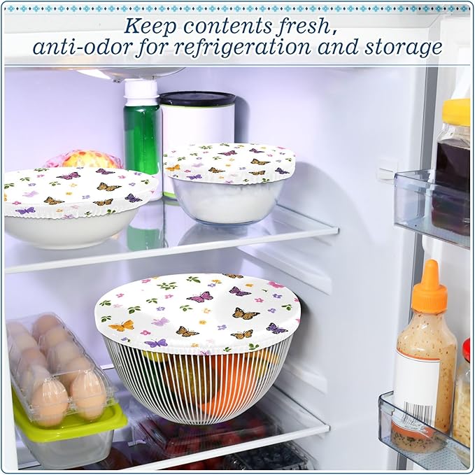 5 Pcs Bowl Covers Reusable in 5 Size Elastic Food Cover Cloth Lids Fresh Keeping Dish Cookware Bakeware Fabric Covers Lids for Food Leftovers Fruits Storage Pretty Butterfly Flower