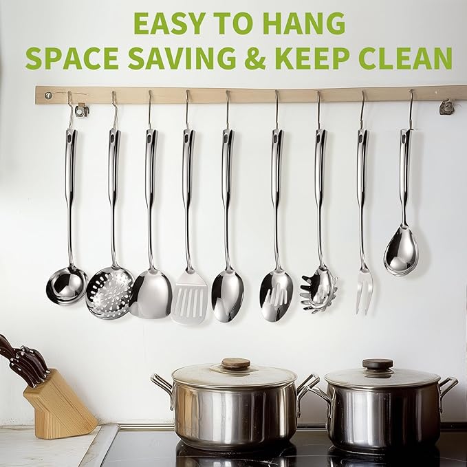 304 Stainless Steel Kitchen Cooking Utensils Set - 9 PCS Serving Utensils, Include Skimmer, Soup Ladle, Spaghetti Server, Wok Spatula, Slotted & Solid Spoon, Slotted Spatula Turner, Meat Fork (Silver）