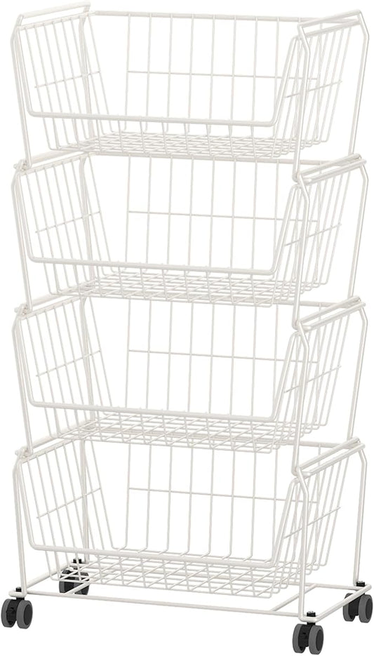 PUSDON Stackable Metal Storage Carts, Dual Use Shelf for Kitchen Fruit Vegetable Baskets with Wheels, Storage Rack for Living Room, Home & Office, Plus White 4 Tiers