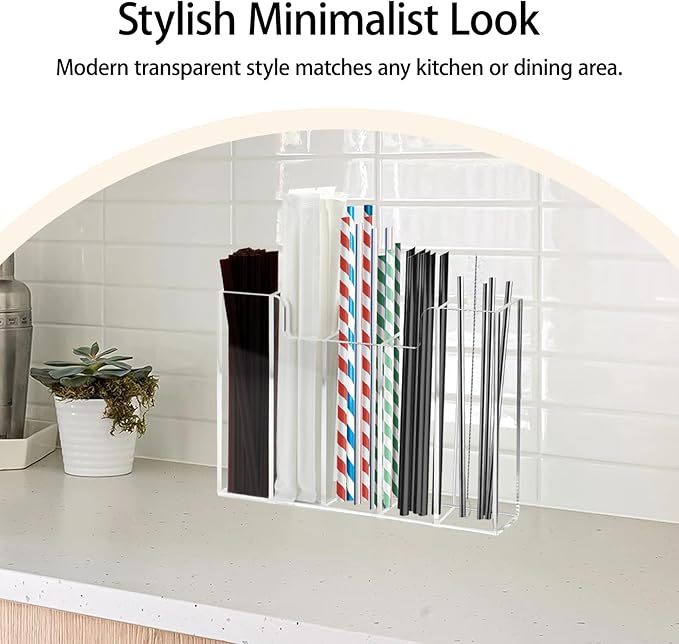 Weiai Acrylic Straw Organizer Holder for Counter Cabinet, 5 Slot Straw Dispenser with 2 Installation Methods for Kitchen Café Bar, Clear