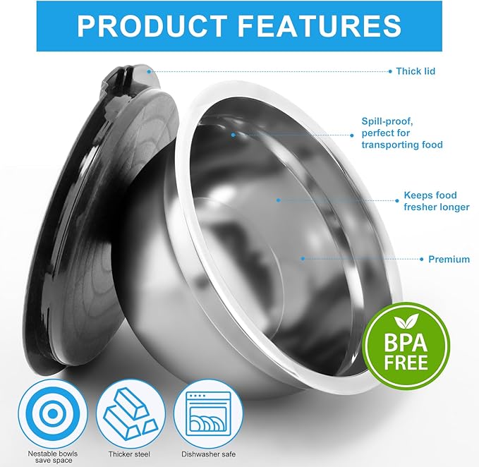 Mixing Bowls with Airtight Lids Set of 3, Stainless Steel Mixing Bowls, Nesting Salad Bowl for Prepping, Serving, Cooking, Kitchen, 4.5/2.5/1.5QT, Black