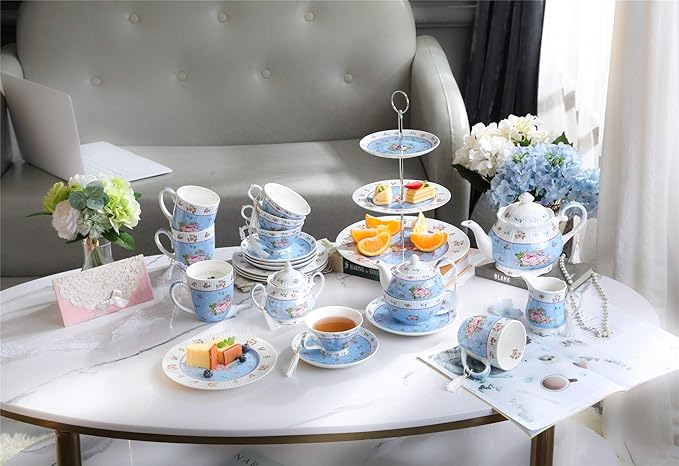 London Boutique Coffee Tea Cup and Saucer Set 4 Shabby Chic Vintage Porcelain Bird Butterfly Flora Gift Box 7.5OZ (Rose Blue)