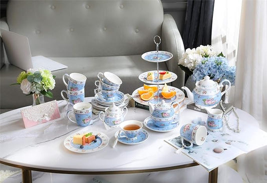 London Boutique Coffee Tea Cup and Saucer Set 4 Shabby Chic Vintage Porcelain Bird Butterfly Flora Gift Box 7.5OZ (Rose Blue)