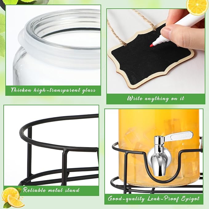 3 Pack 80 oz Tall Glass Drink Dispenser with Stand, Lid, Label and Stainless Steel Leakproof Spigot Beverage Water Dispenser Clear Mason Jar for Party Fridge(Round)