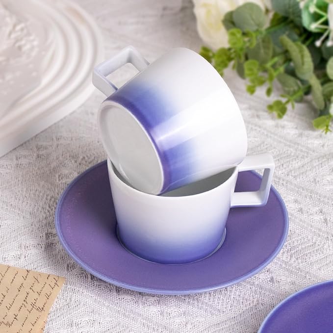 KAMMAK Porcelain Espresso Cups with Saucers, Ceramic Coffee Cups and Saucers Set of 2, Handcrafted Cappuccino Cup with Saucer for Tea Party, Holiday, Office, Gifts (Gradient Purple, 7oz)