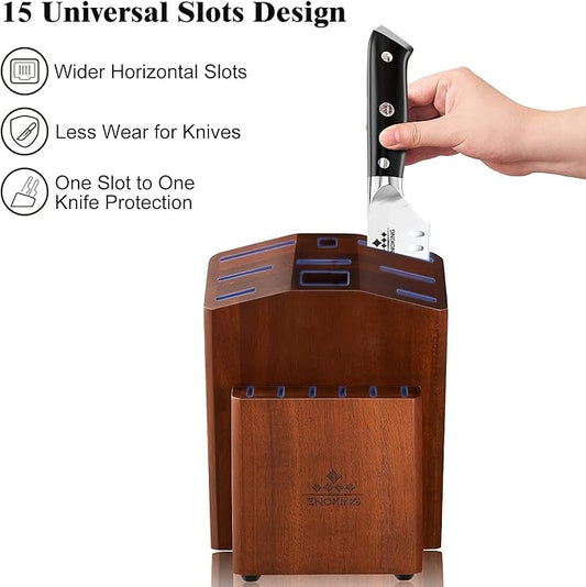 ENOKING 15 Slots Universal Knife Block, Acacia Wood Knife Block without Knives, Knife Holder for Kitchen Counter- Wider Angled Openings for Keeping Knives Sharp