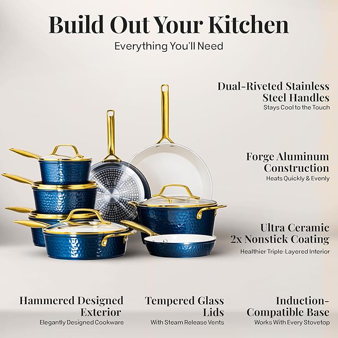 Gotham Steel Hammered 20Pcs Ceramic Cookware Set, Induction Pots and Pans Set Non Stick with Deep Fry Pan, Steamer, & Bakeware, Non Toxic PFOA PFOS Free, Oven & Dishwasher Safe