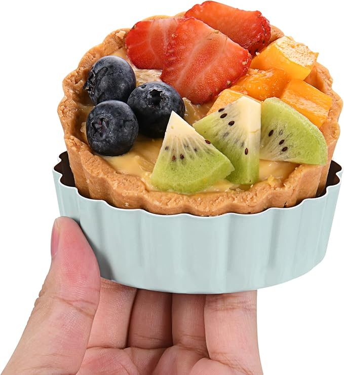 Mini Round Tart Pan with Removable Bottom, Nonstick Mini Pie Pans for Baking, Carbon Steel Quiche Pan Set for Cupcake Muffin Cakes and Desserts, Including 6 Tart Pan and 1 Tart Tamper (Green)