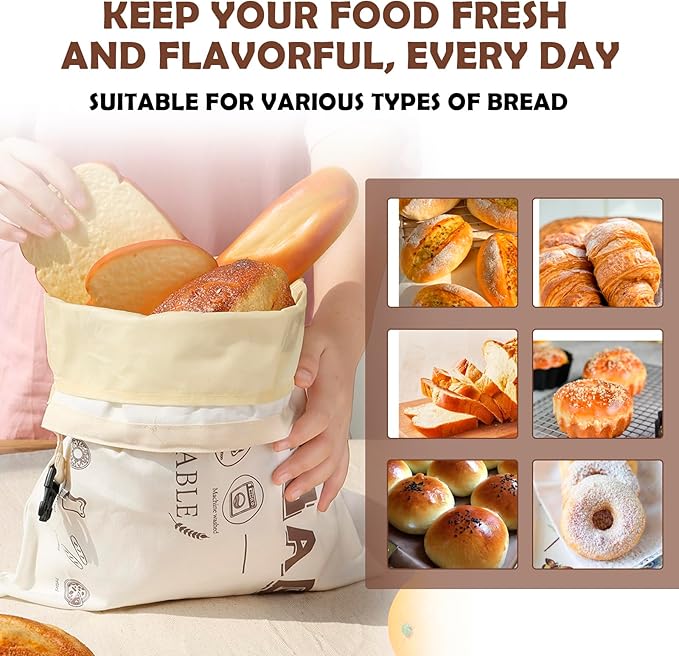 2 Pack Beeswax Bread Bags for Homemade Sourdough,Cotton Beeswax Bags for Bread Storage,Reusable Food Storage Bag For Keeping Fresh(White,13x17in)