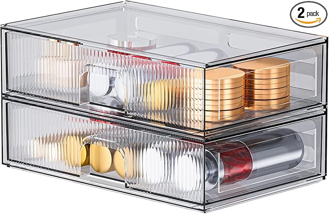 ZHIAI Stackable Storage Drawer, 2 Piece Acrylic Organiser for Cosmetics and Beauty Products, Suitable for Dressers, Bathrooms, Cabinets, Storage Rooms, Bedrooms and Home Organisers