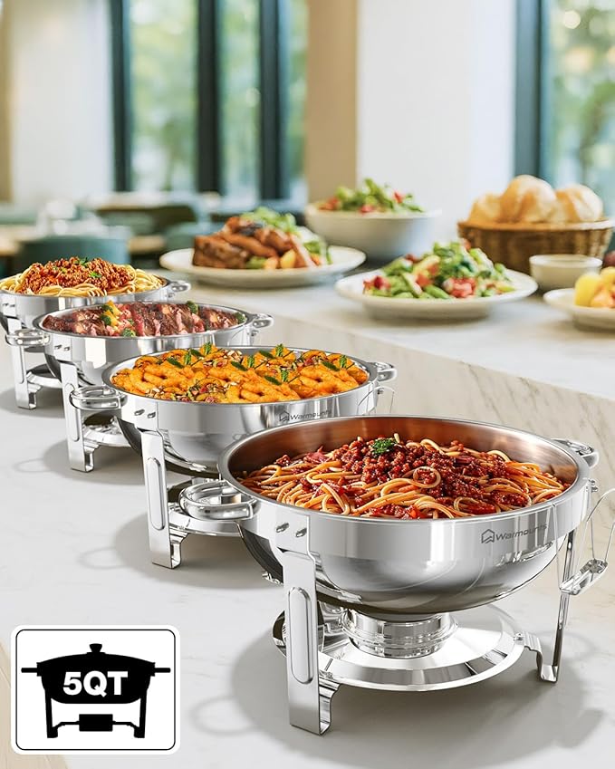 Round Chafing Dishes for Buffet, 5QT 6 Pack Chafers and Buffet Warmers Set with Mirror-Polished Stainless Steel, Rolled Rim, Stackable, Lid Holder for Parties, Catering, Weddings