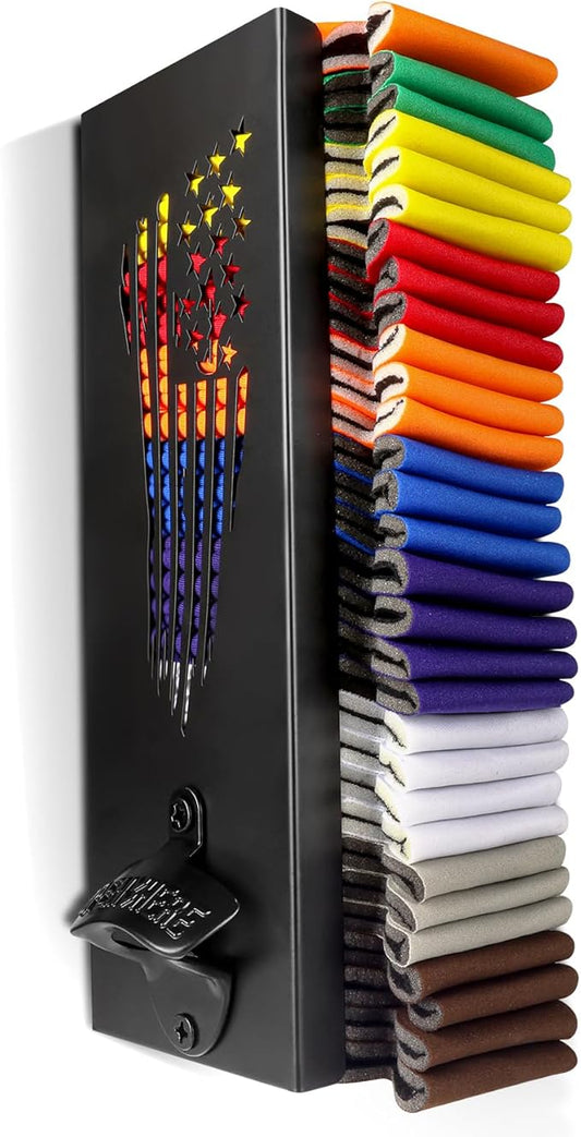 2 in 1 Can Cooler Holder with Bottle Opener, Beer Can Sleeves Storage Organizer and Dispenser for Home Family Bar, Metal, 12", Christmas Gifts for Men Dad