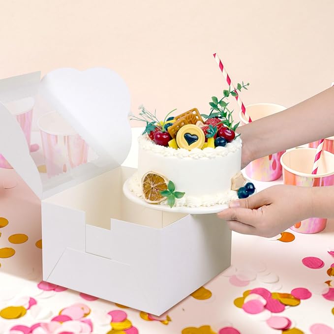 20Pcs 8 Inch Cake Boxes with Window, 8x8x5 Inches White Bakery Boxes, Cake Carrier Container for Pastries, Pie, Cookies, Chocolates, Cupcakes, Birthday Party, Wedding