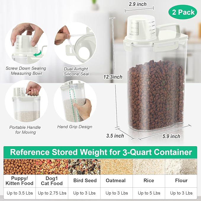 TBMax Rice Container Cereal Storage Container 2 Pack 5 Lbs, Kitchen Pantry Dry Food Storage Holder with Easy-Pouring Spout & Handy Cup, Small Pet Dog Cat Food Dispenser for Daily Feeding -Beige
