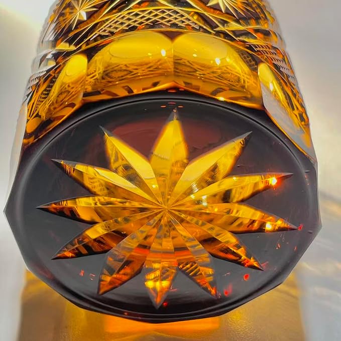 suigetsu Japanese Crystal Whiskey Glass, Cut Crystal Pattern, Luxury Cocktail Glassware (Red Gold Amber)