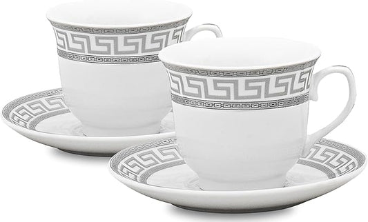 Porcelain Tea Cup and Saucer Set - 4 Piece White with Silver Greek Key Design - 5.5 inch Saucers, 6.5 oz Cups - For Tea Parties, Cappuccino, Decor - Chip Resistant (Meander Silver 3004, 4 Piece)