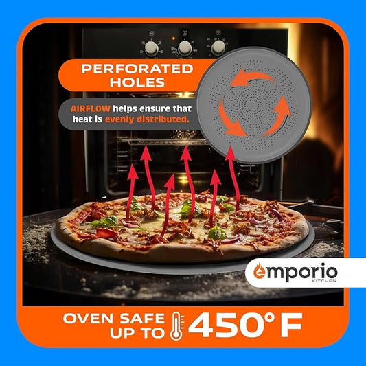 Non-Stick Pizza Pan 2 Pack – 16 Inch Round Carbon Steel Pizza Tray with Perforated Holes, PFOAPFOSPTFE-Free, Dishwasher & Oven Safe Up To 450°F, Durable Nonstick Silver Coating