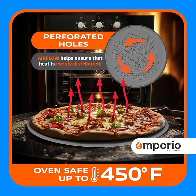 Non-Stick Pizza Pan 1 Pack – 16 Inch Round Carbon Steel Pizza Tray with Perforated Holes, PFOAPFOSPTFE-Free, Dishwasher & Oven Safe Up To 450°F, Durable Nonstick Silver Coating