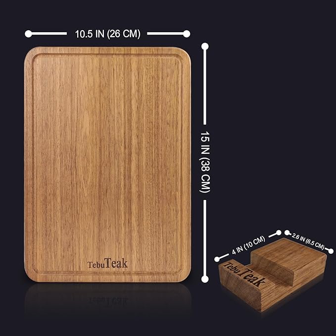 Solid Teak Wood Cutting Board - Single/One Piece Design Wooden Choping Boards Non Glued Knife-Friendly Durable Chopping Block for Kitchen Meat Vegetable Chese 15 x 10.5 IN (Includes Stand)