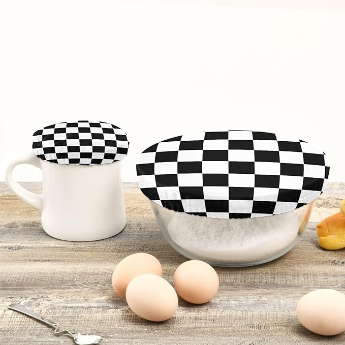 5 Pcs Bowl Covers Reusable in 5 Size Elastic Food Cover Cloth Lids Fresh Keeping Dish Cookware Bakeware Fabric Covers Lids for Food Leftovers Fruits Storage Checkered Black and White