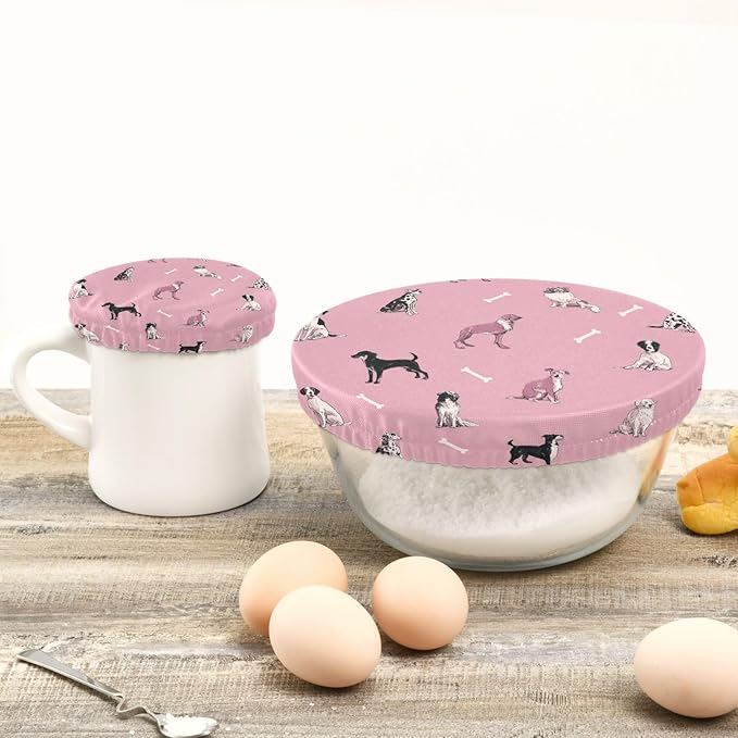 5 Pcs Bowl Covers Reusable in 5 Size Elastic Food Cover Cloth Lids Fresh Keeping Dish Cookware Bakeware Fabric Covers Lids for Food Leftovers Fruits Storage Pink Dog and Bone