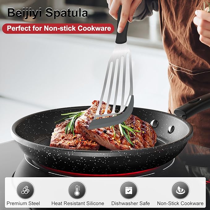 Beijiyi Heat Resistant Silicone Fish Spatulas, 2-Piece Slotted Fish Turner Spatula Set for Non Stick Frying Pan, Kitchen Cooking Utensils Flexible Thin Egg Flipper, 12.3" & 10.6", Gray Silicone Edge