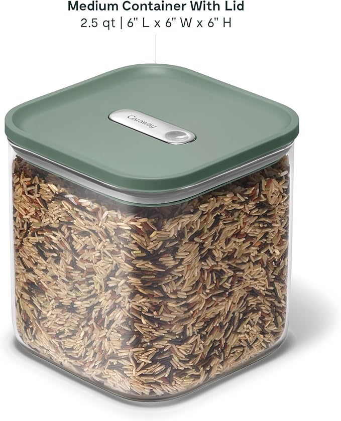 Caraway 2.5qt Glass Airtight Food Storage Container with Lid – Non-Toxic, BPA-Free Kitchen Storage Container – Stackable, Space-Saving Airtight Container for Dry Goods and More - Sage
