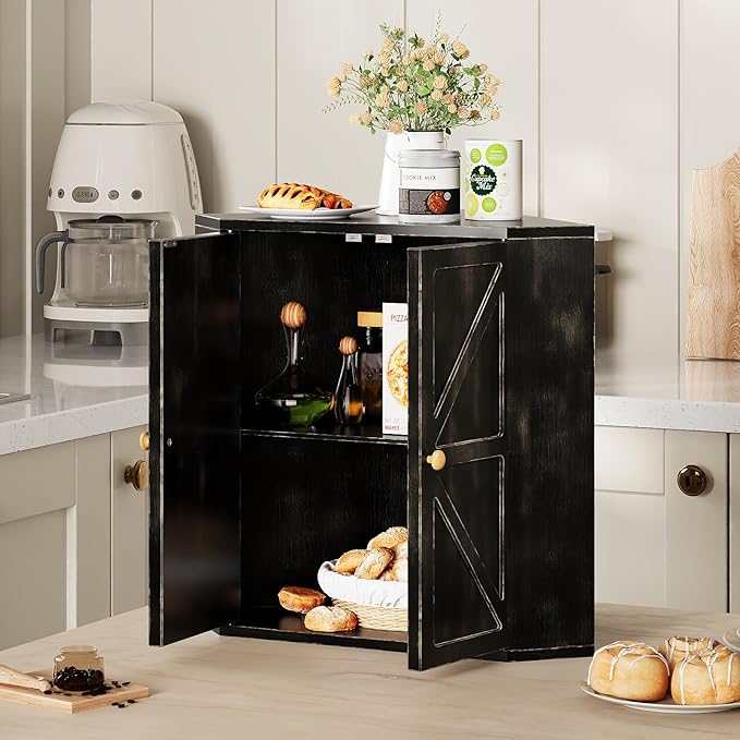 Corner Bread Box for Kitchen Counter Double Layer Bamboo Bread Storage Container Large Capacity Bread Storage Bin Farmhouse Breadbox Organizer (Antique Black)