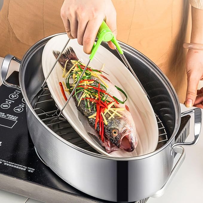 Stainless Steel Fish Steamer Set,Multi-Use Oval Steamer Pot with Glass Lid Rack, Ceramic Plate, Chuck, Steaming Pot for Fish, Oyster,Boiling Soup 15 x 9.8 inches
