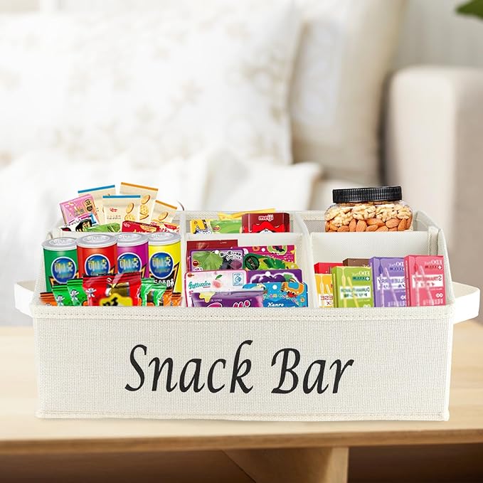 Snack Organizer for Countertop, Fabric Snack Organizer with Handles, 6 Compartment Snack Box Container Snack Basket, Snack Bar Station Organizer, Kitchen Pantry Organizer and Storage - Beige