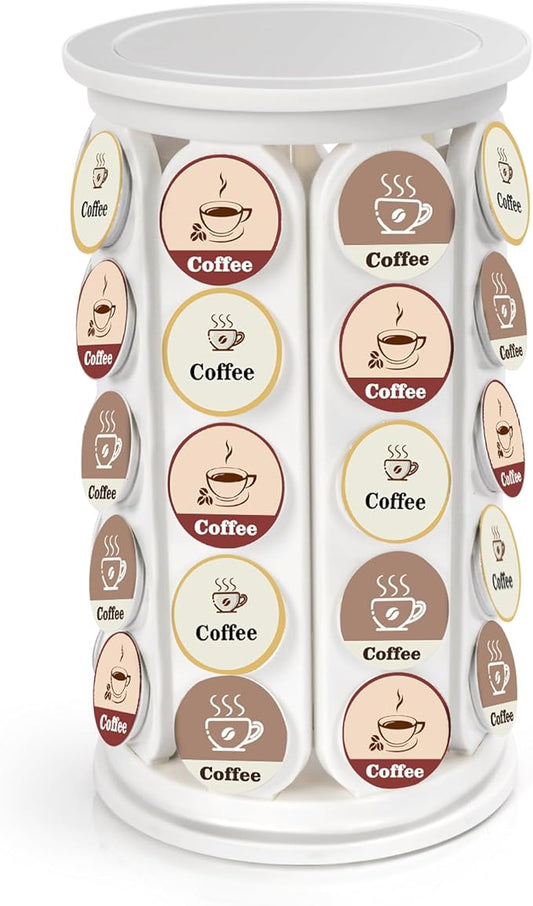 Coffee Pod Carousel Compatible with K-Cup Pods, K Cup Holder Holds 40 Coffee Capsule, New Modern Design for Kitchen Office Countertop or Coffees Station Organizer, Detachable (White)