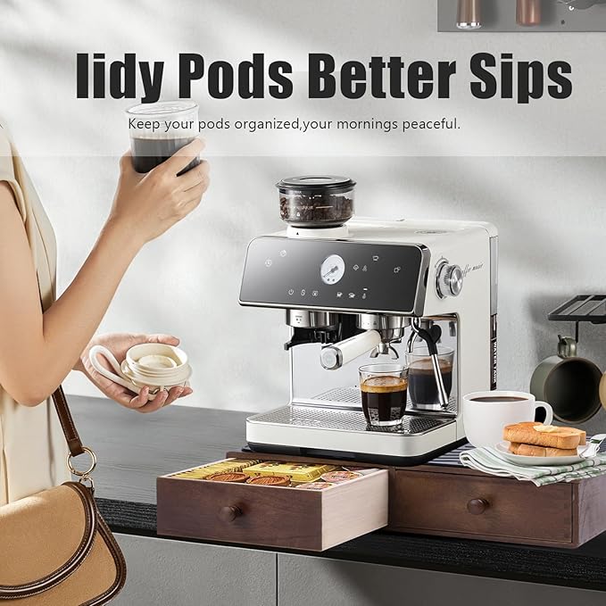 Wooden Coffee Pod Drawer,Holders for Counter with 2 Drawers and Silicone Non-Slip Pad, Drawer Organizer (30 Pod Capacity)