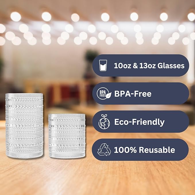 Khen Plastic Hobnail Drinking Glasses Set of 12 Clear Color Cups 6x 10oz Lowball & 6x 1oz Highball Acrylic Beaded Design, BPA-Free, Dishwasher Safe Indoor/Outdoor Drinkware Water, Juice, Cocktails