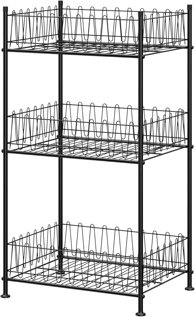 Water Bottle Organizer 3 Tier Water Bottle Holder Storage Rack Metal Drink Beverage Soda Can Organizer Shelf Stand for Floor Pantry Kitchen Classroom Food Storage, Black