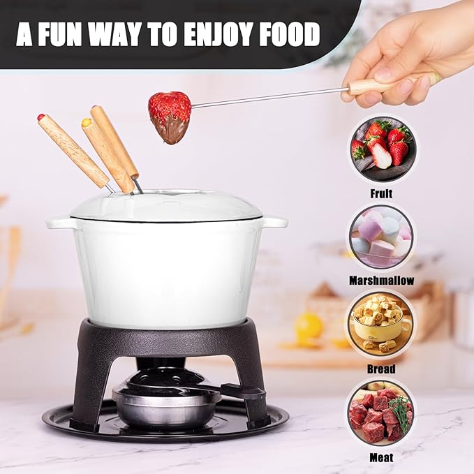 Mabeeze Cast Iron Fondue Pot Set for Cheese, Chocolate or Meat - White Enameled 1.6 Qt Pot - Includes 6 Fondue Forks