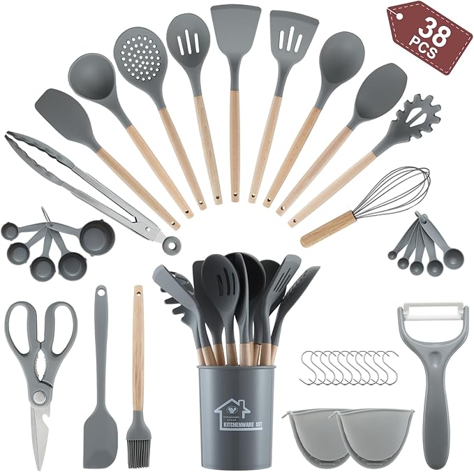 Unokit Silicone Cooking Utensils Set for Kitchen - 38 PCS Utensils Set, 446℉ Heat Resistant Cooking Utensils Spatula Set with Wooden Handle and Holder, Gadgets for Non-Stick Cookware, Grey