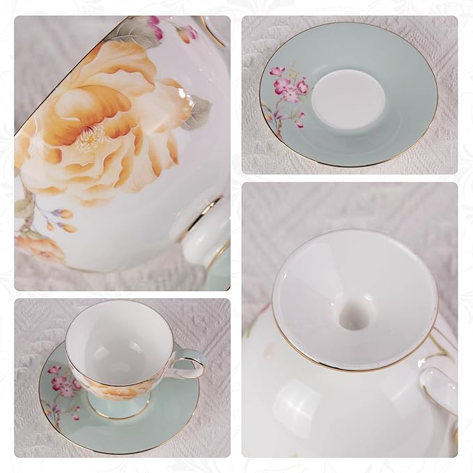 KAMMAK Ceramic Tea Cup and Saucer Set with Gold Trim, Yellow Peony Floral Pattern, Elegant Bone China Coffee Cup with Light Blue Saucer for Afternoon Tea, Gift for Women