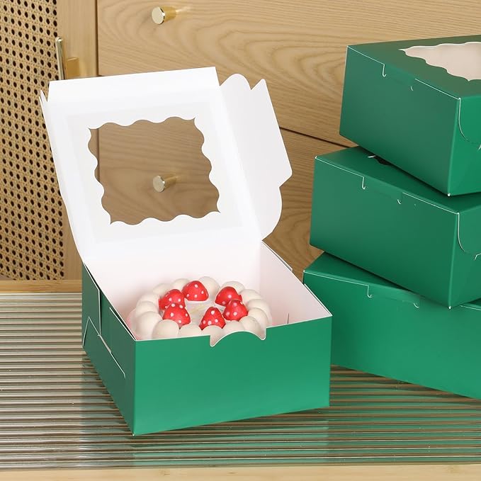 6x6x3 Inches Small Cake Box with Window, Bakery Box, Pastry Boxes, Cookie Boxes, Mini Pie Box for Pastry,Dessert,Strawberries,Chocolates, Cupcakes with paper stickers (Green/36pcs)