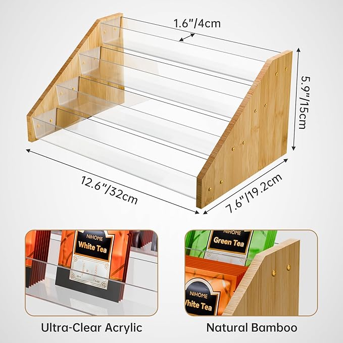 NiHome 4 Layer Tea Bag Organizer, Bamboo & Plastic Tea Storage Holder Organizer, 4-Tier Design Offering Quick and Easy Access, Clear Dividers & Large Capacity, Easy to Assembly