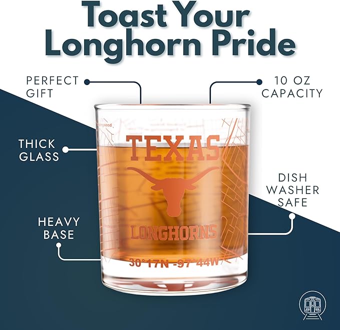 Greenline Goods – University of Texas Longhorns College Whiskey Glasses (Set of 2), 10 oz – Full-Color Logo + Campus Map