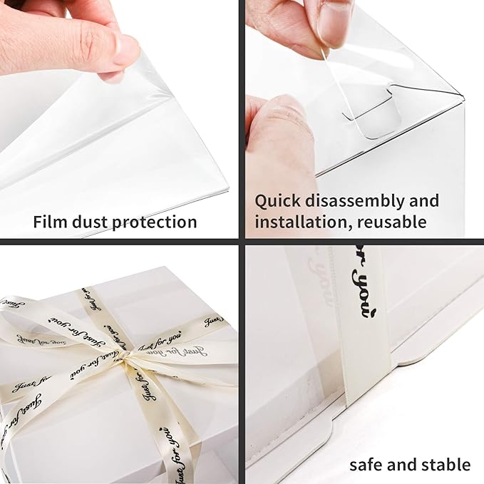 Clear Cake Box, 2-Pack Cake Carrier Container 10" X 10" X 9" with Ribbon Transparent Boxes with Lid Gift Package for Birthday Wedding Party, White
